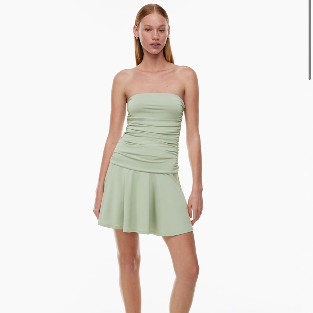 Strapless Sage Green Ruched Skater Dress